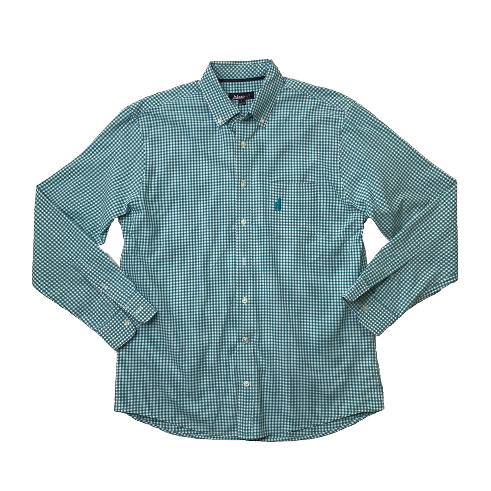 Johnnie O Shirt Men L Large Cyan White Gingham Long Sleeve Button Down Shirttail